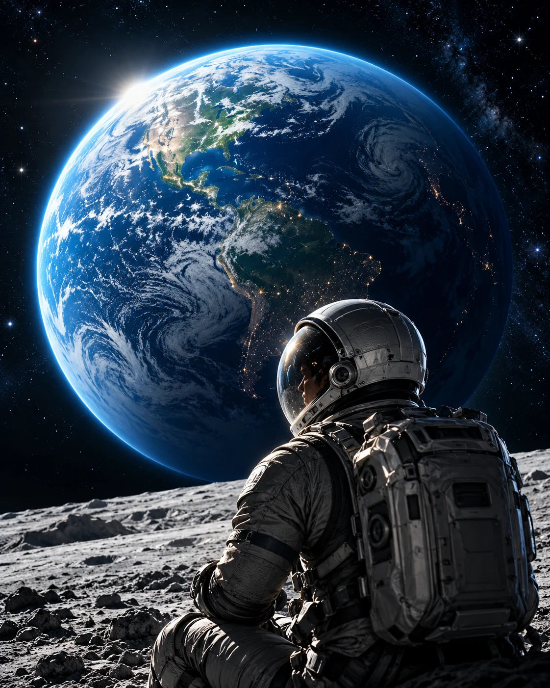 Cinematic concept of an astronaut beneath a luminous blue Earth